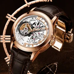 Oblvlo France Band Retro For Mens Watch Skeleton Automatic New Mechanical Wristwatch Hollow Steel Sapphire Crystal Waterproof