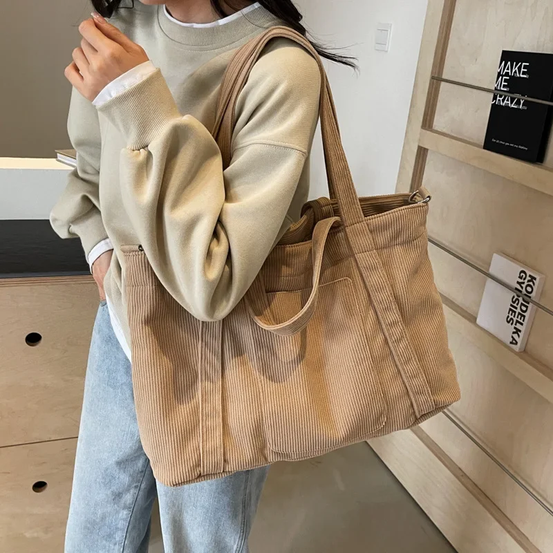 

Solid Color Corduroy Bag Women's New Large-capacity Korean Version Shoulder Messenger Bag High-end Commuter Tote Bag