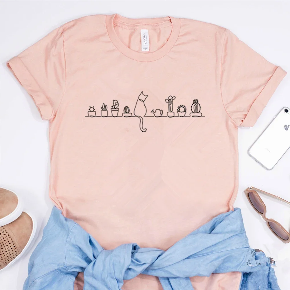Camiseta con estampado de gatos y plantas, camisa de manga corta para amantes de las plantas, regalo creativo para mamá