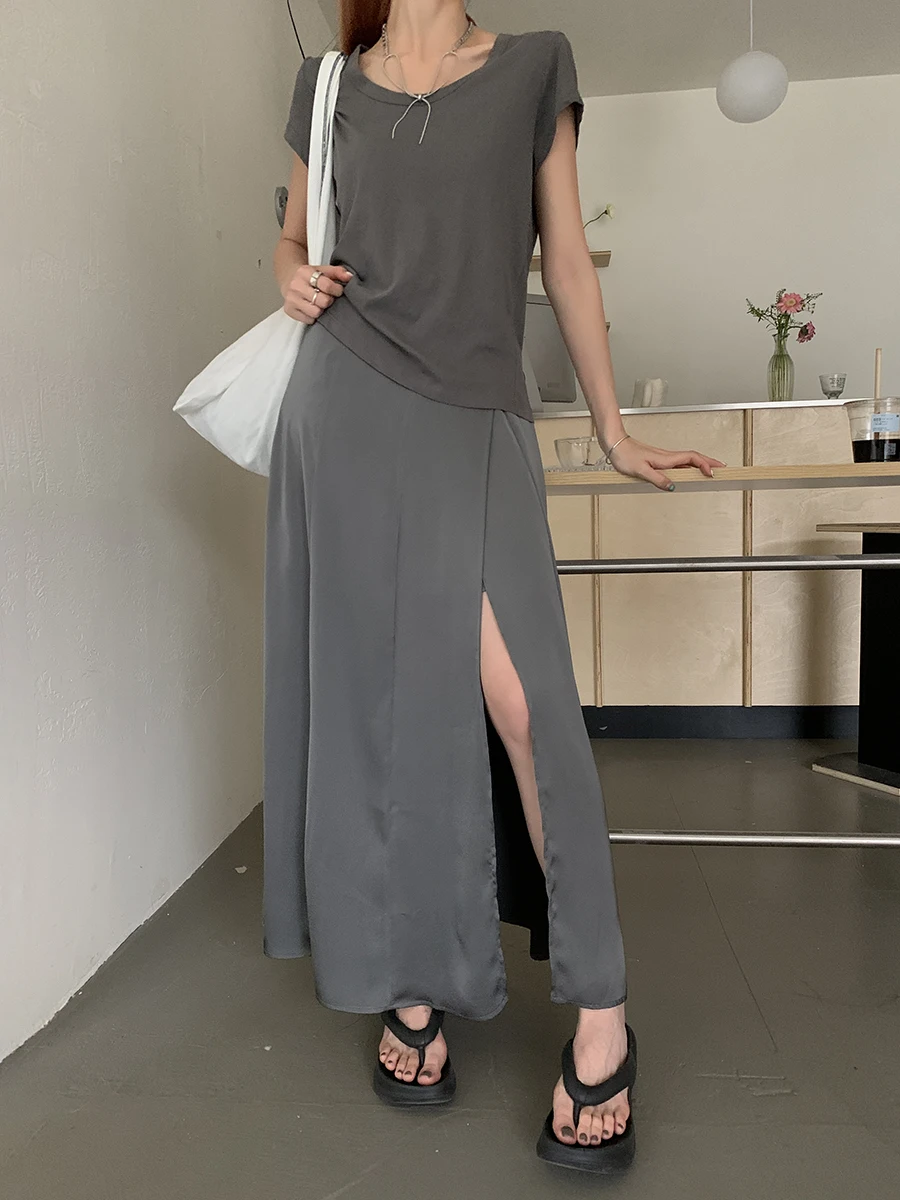 

Юбка трапециевидной формы с высокой талией, женская летняя новинка 2025, утягивающая длинная юбка уникального дизайна, полиэфирная ткань, чистый цвет