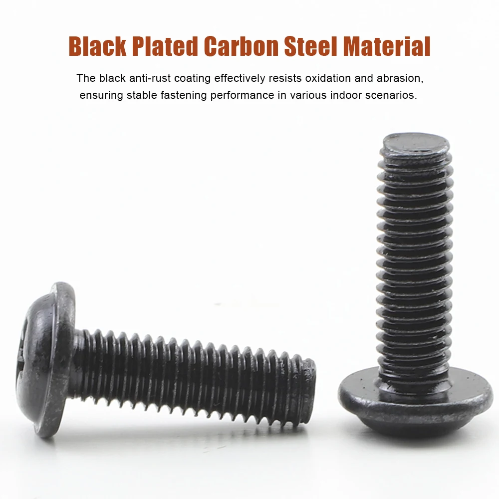 M1.4 M2 M3 M4 M5 M6 Cross Phillips Pan Head with Washer Machine Screw Black Plated Round Head with Washer Padded Collar Screw