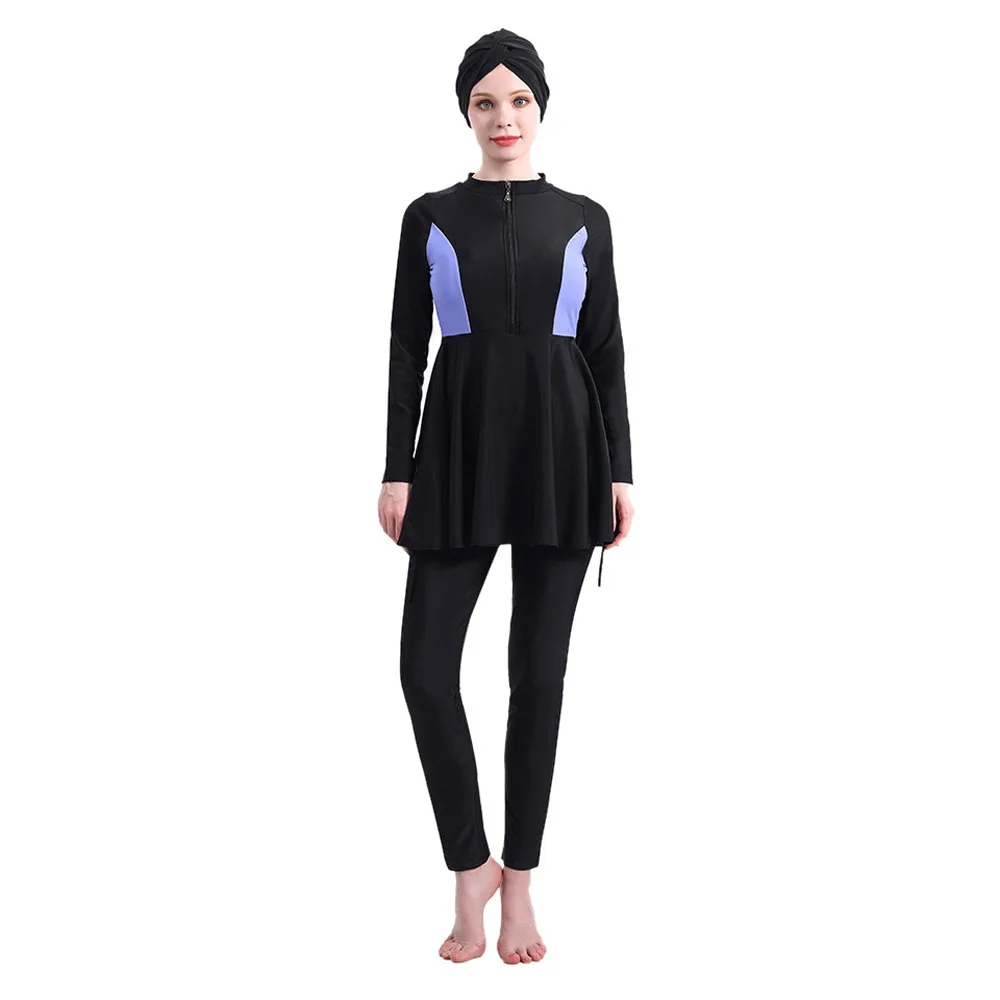 

Full Coverage Swimming Wear for Women Muslim Hijab Islamic Long Sleeves Zip Modest Swimsuit Burkinis Patchwork 3-piece Swimwear