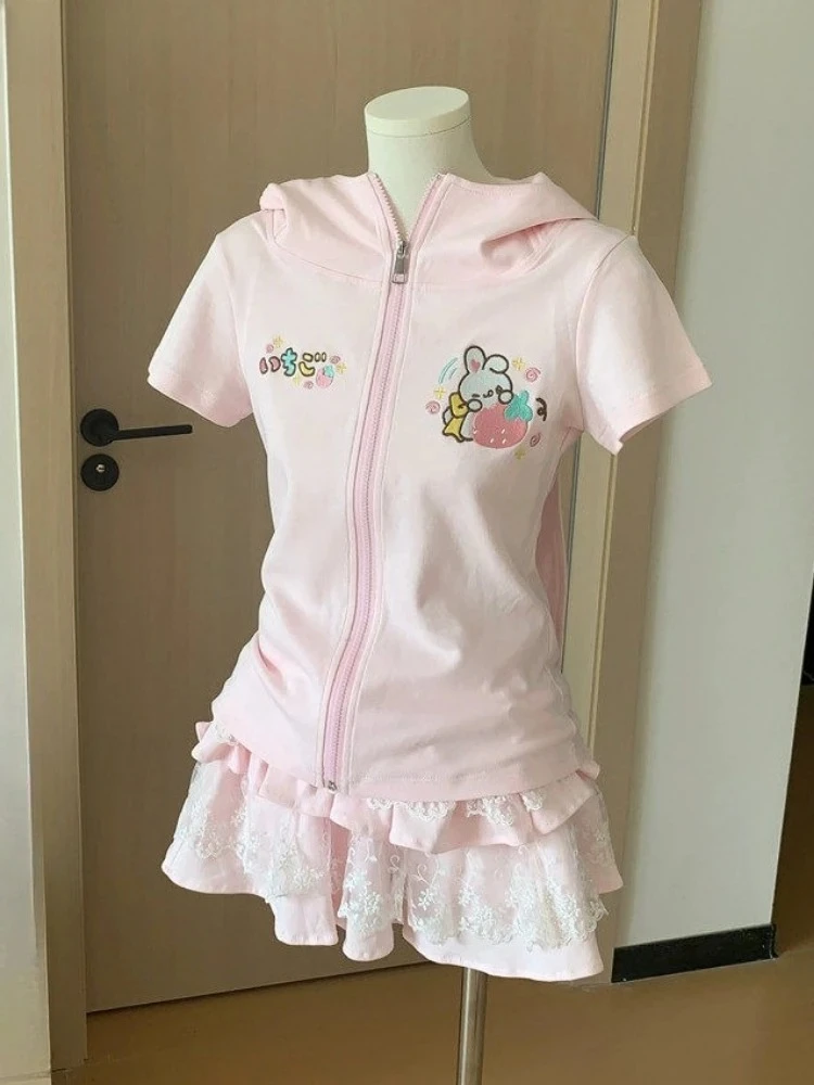 

Kawaii футболки с мультяшной вышивкой, женские Y2k, эстетичная футболка Kawaii с капюшоном, японский стиль, облегающие футболки на молнии в стиле гранж, Femme