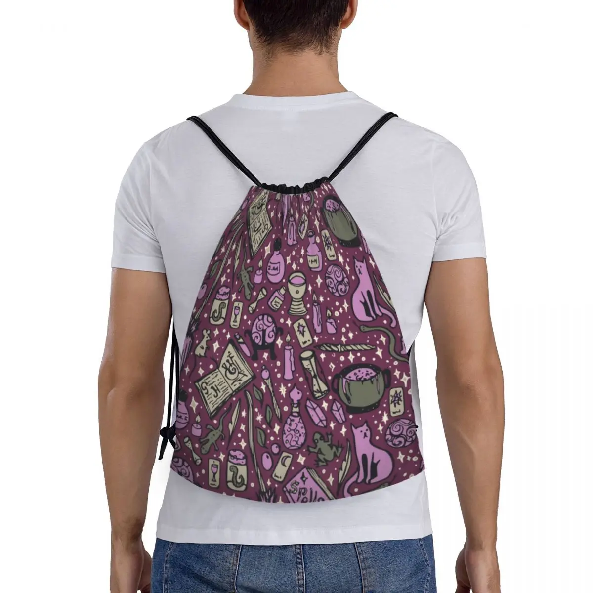 Witchy Things-mochila con cordón para hombre y mujer, saco deportivo portátil para gimnasio, Halloween, bruja escalofriante, gato, bolsa de entrenamiento