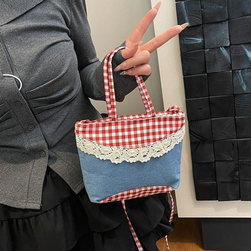 

Retro Lace Lattice Handbag Plaid Square Bow Handbag Korean Style Denim Sweet Crossbody Bag Women