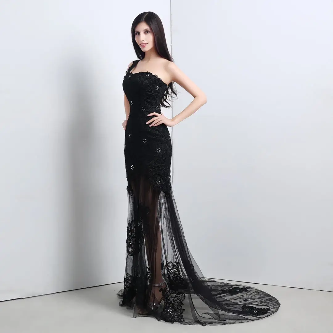 Lace Tulle Evening Dress Wedding Dress For Women Elegant Black Applique Sleeveless Slim Bridesmaid Formal Party Ball Gowns