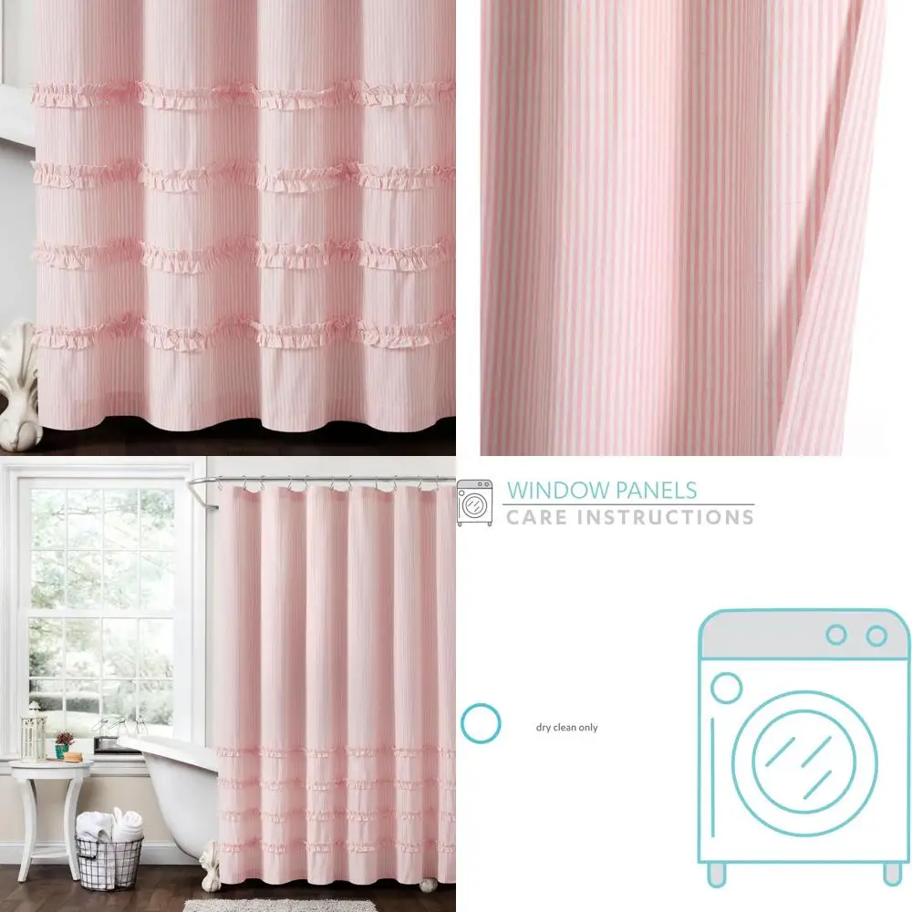 

72x72 Vintage Stripe Cotton Shower Curtain in Pink