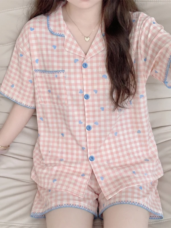 Summer New Plaid Sleepwear Women's Sweet Heart Print Casual Short Sleeve Shorts Home Feelings Teenager Comfortable Pajamas