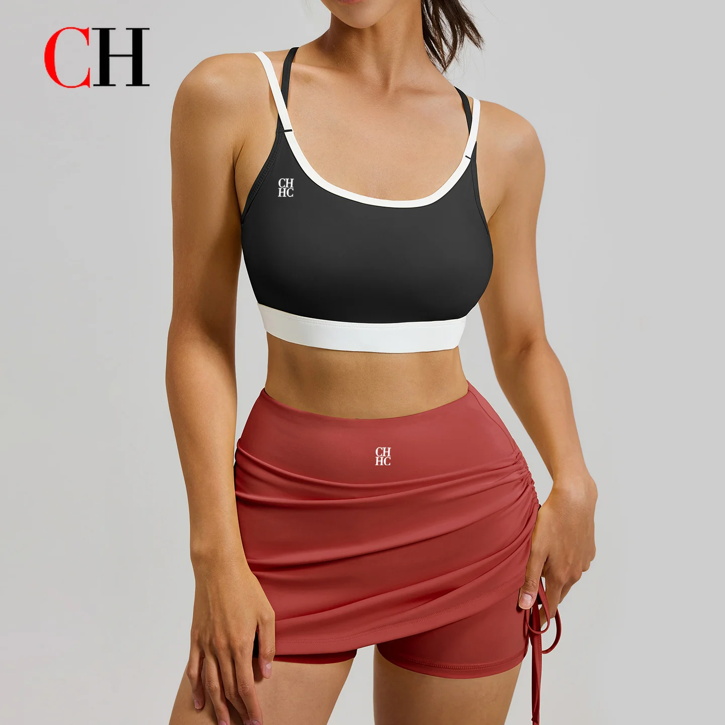 CH Women 2 Piece Tennis Outfit Sports Bra Top Skirt Set High Waist Ruched Shorts Yoga Workout Fitness Activewear