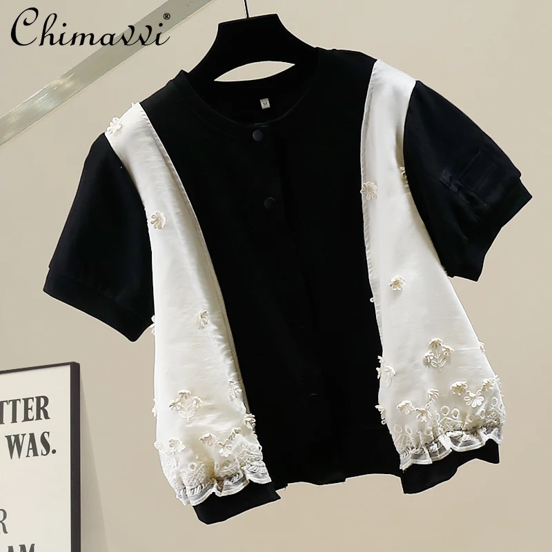 韓国ファッションシングルブレストヘビー刺繍花装飾半袖シャツ夏の新しい甘い女性のエレガントなルーズトップ