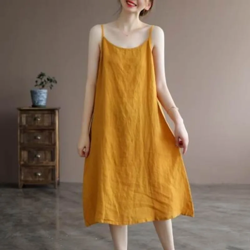 Summer Women's Clothing New Suspender Cotton Linen Solid Color Loose Breathable Covers the Belly Slim A-line Length Dresses