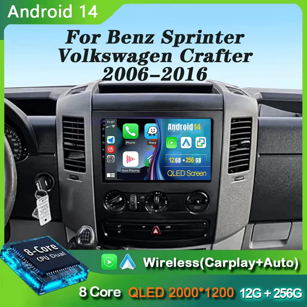 Android 14 QLED Für VW Crafter Für Mercedes Benz Sprinter 2006-2016 Auto Radio Android CarPlay +
