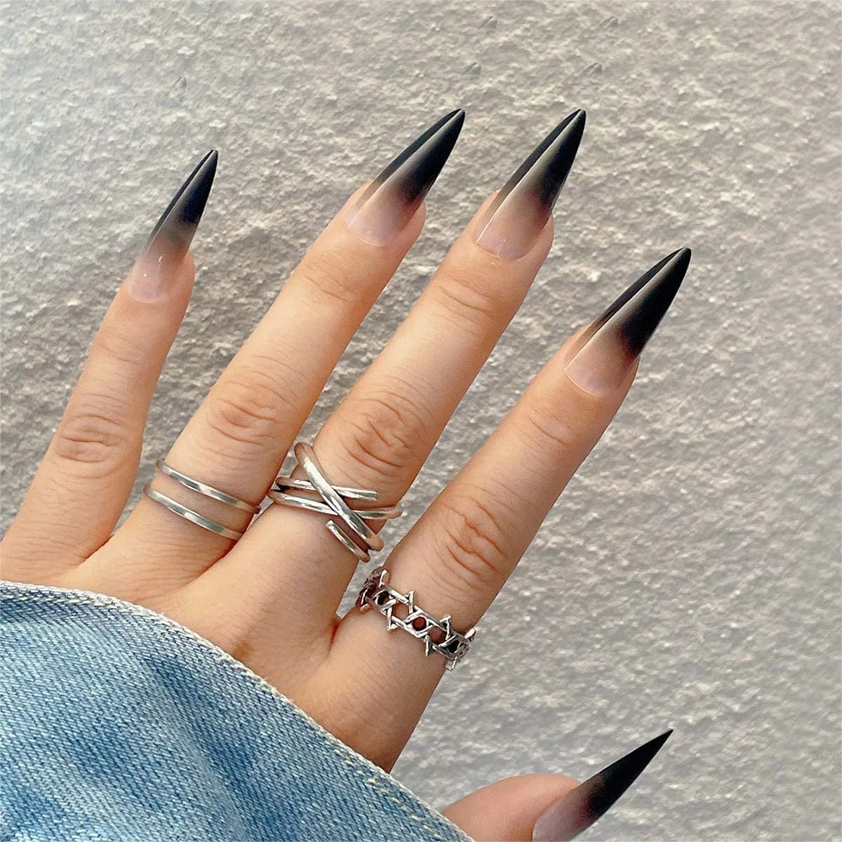 

Short Stiletto Press on Nails, Nude Pink Black Ombre Fake Nails for Women, Full Cover Acrylic Stick on Nails 24Pcs