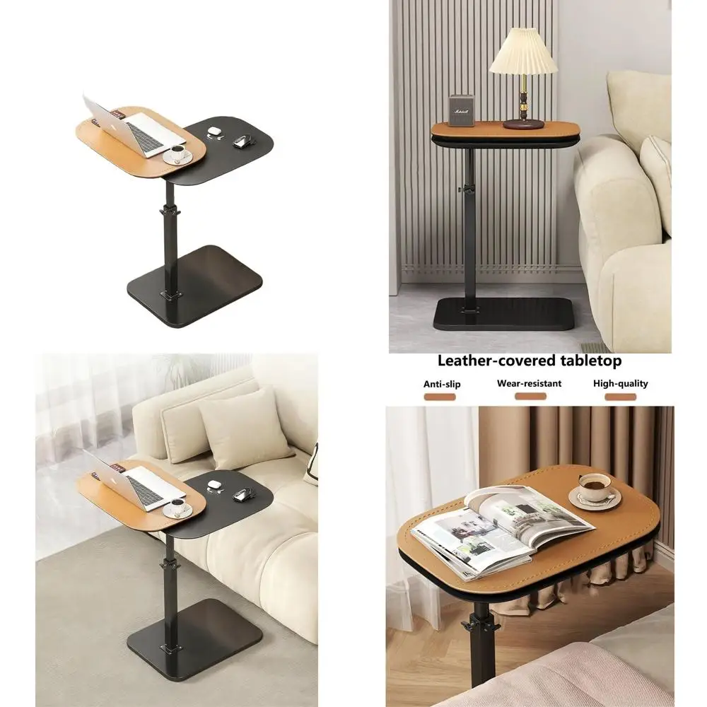 

Rotating Orange Leather TV Tray Table for Compact Spaces: Adjustable Height, C-Shaped, Under-Couch Design