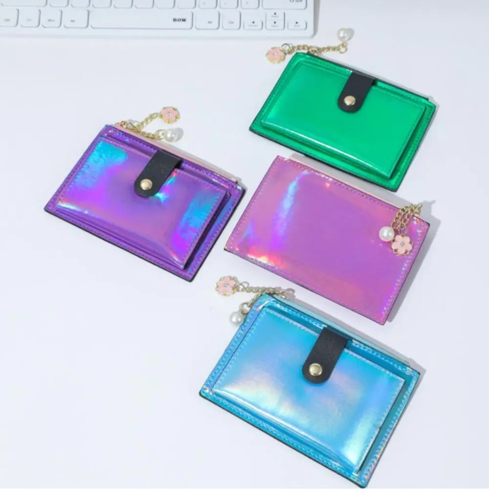 Fashion Double Sided Laser Card Holder Multifunctional PU Leather Short Wallet With Pendant Zipper Coin Purse Women