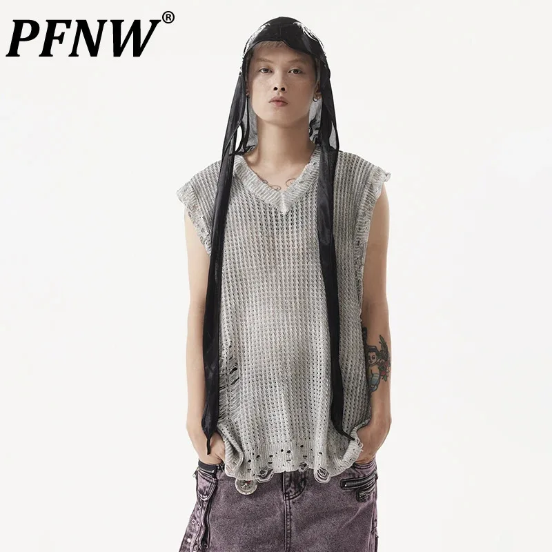 

PFNW American Washed Worn-out Dirty Dyed Hole Sweater Vest Men's Streetwear V-Neck Sleeveless Knitted Trend Male Tops 28W4641