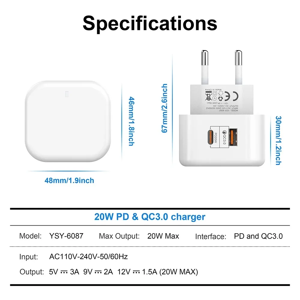 EU UK 20W Dual Ports Type c USB C PD Wall Charger Fast Quick Charging Power Adapters For IPhone 12 13 14 15 pro Samsung htc lg