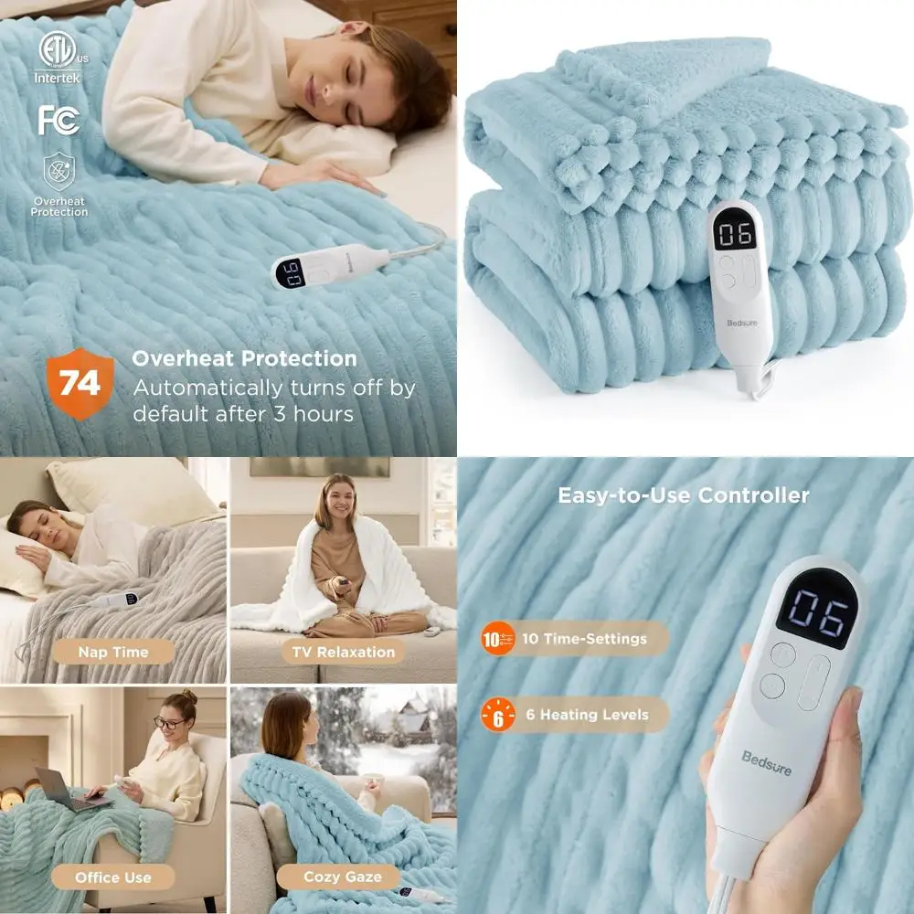 

Thick Striped Flannel Twin Electric Blanket with 10 Timers, 6 Heat Levels, and 8-Hour Auto-Off for Grandma (62x84 inches, Light