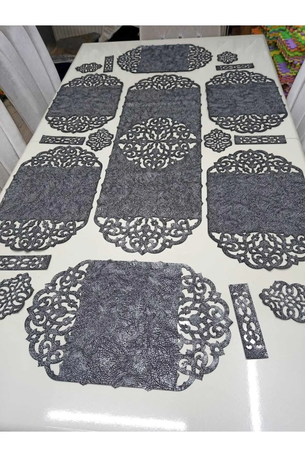 19-Piece Dining Table Setting Set, 6-Person Capacity, Charcoal Gray, Faux Leather, Includes 1 Runner (39.4x13 in), 6