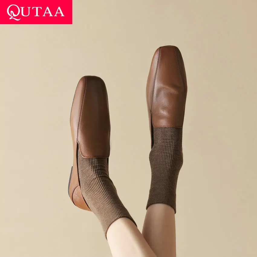 

QUTAA 2023 Working Casual Women Flats Comfortable Genuine Leather Round Toe Loafers Shoes Woman Spring Summer Size 34-40