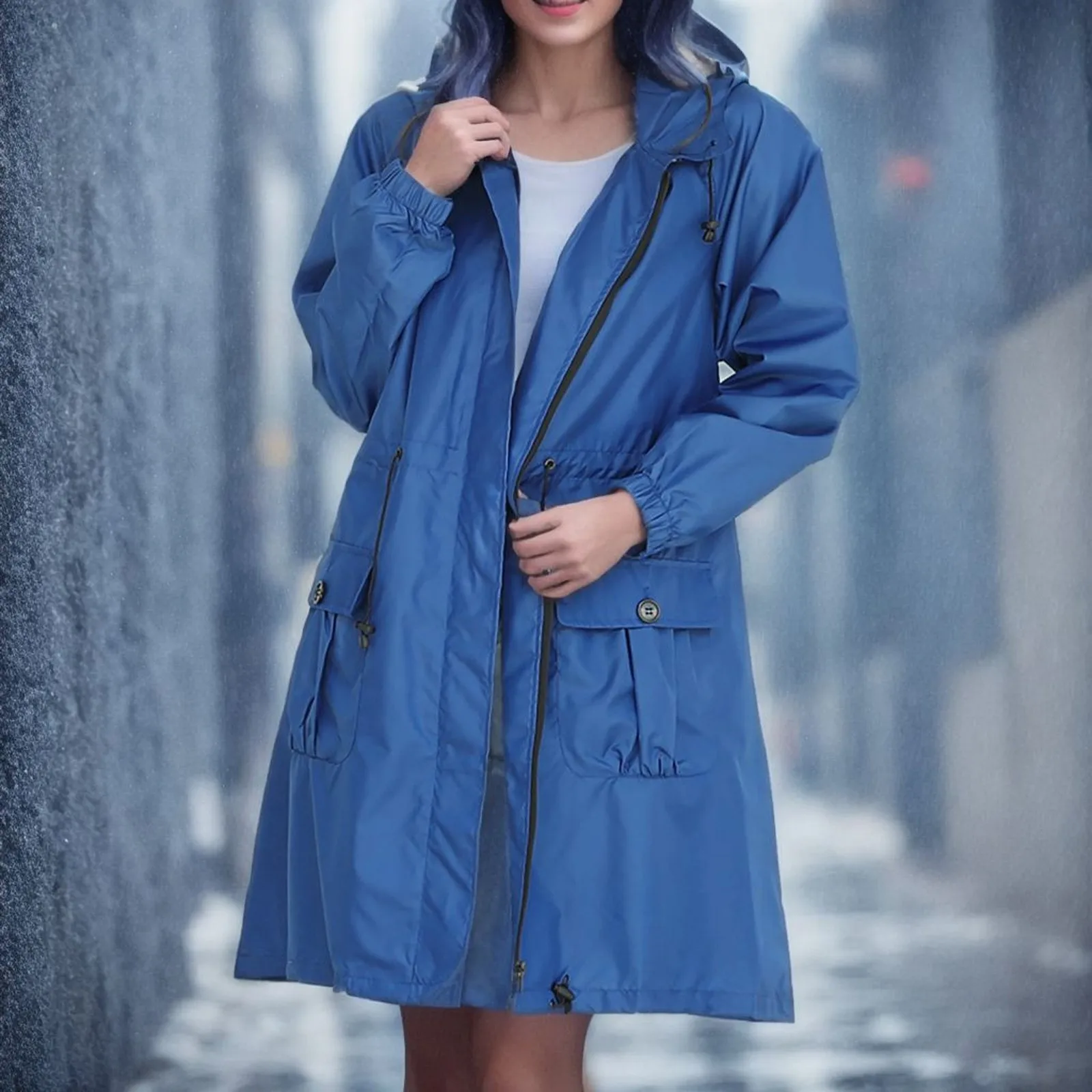 

2023 Fashion Women's Windbreaker With Hood Raincoats Outdoor Long Coat Jacket Waterproof Rain Windbreaker Zipper Coat Casual