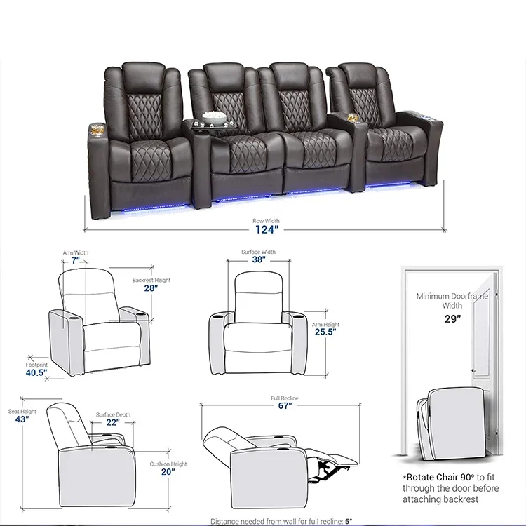 New Modern Theater Furniture Movie Recliner Chair With LED Light Home Theatre Power Reclining Sofa Recliner Theater Seat