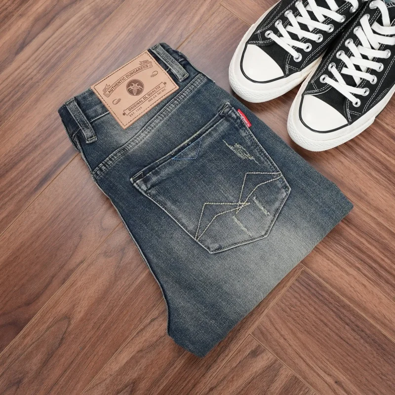 

New autumn men's tie-dye washed jeans, classic vintage blue, mid-rise, slim straight cut, trendy men's clothing