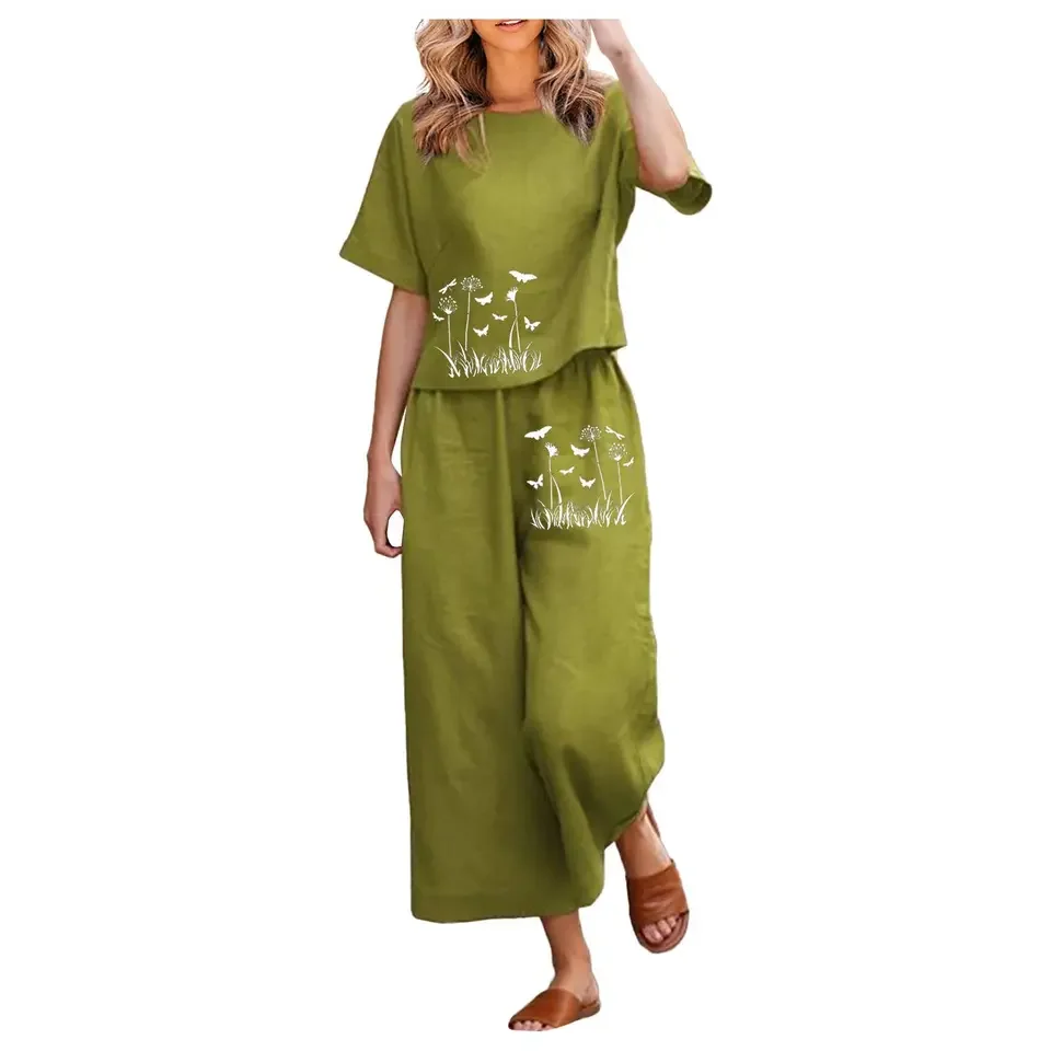 طقم تي شيرت نسائي بسيط برقبة دائرية وأكمام قصيرة فضفاض بأرجل واسعة بنطلون نسائي لربيع وصيف موضة غير رسمية جديدة طقم مكون من قطعتين