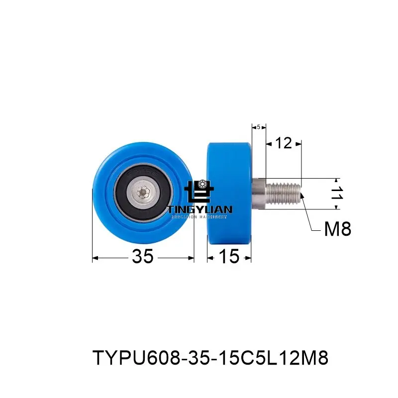 Polyurethane Roller TYPU608-35-15mm  Flat Type ID8 OD35 TPU 1pcs  Blue Wheel Roller Pulley With 304 Screws  Guide Wheel