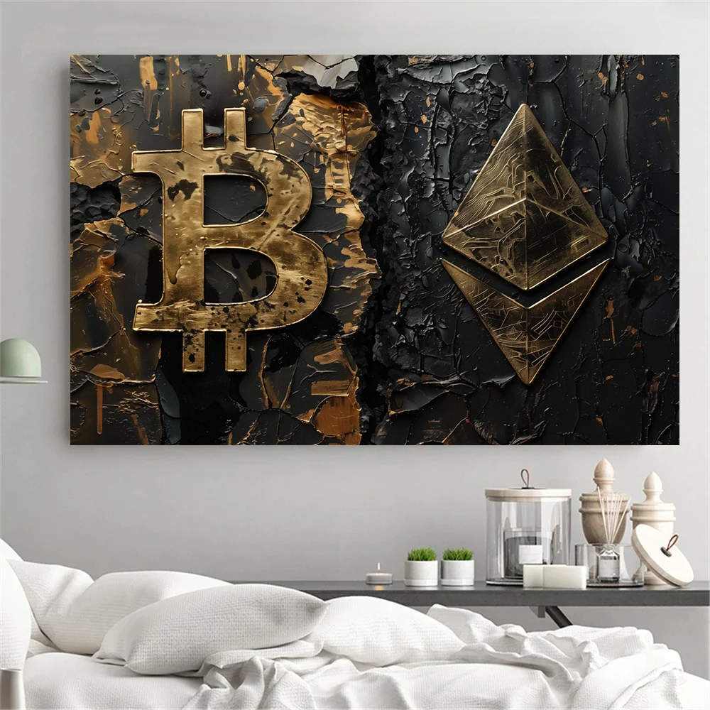Affiche d'art moderne abstrait doré Bitcoin et Ethereum, peinture sur toile, image imprimée murale pour salon, décor à la maison