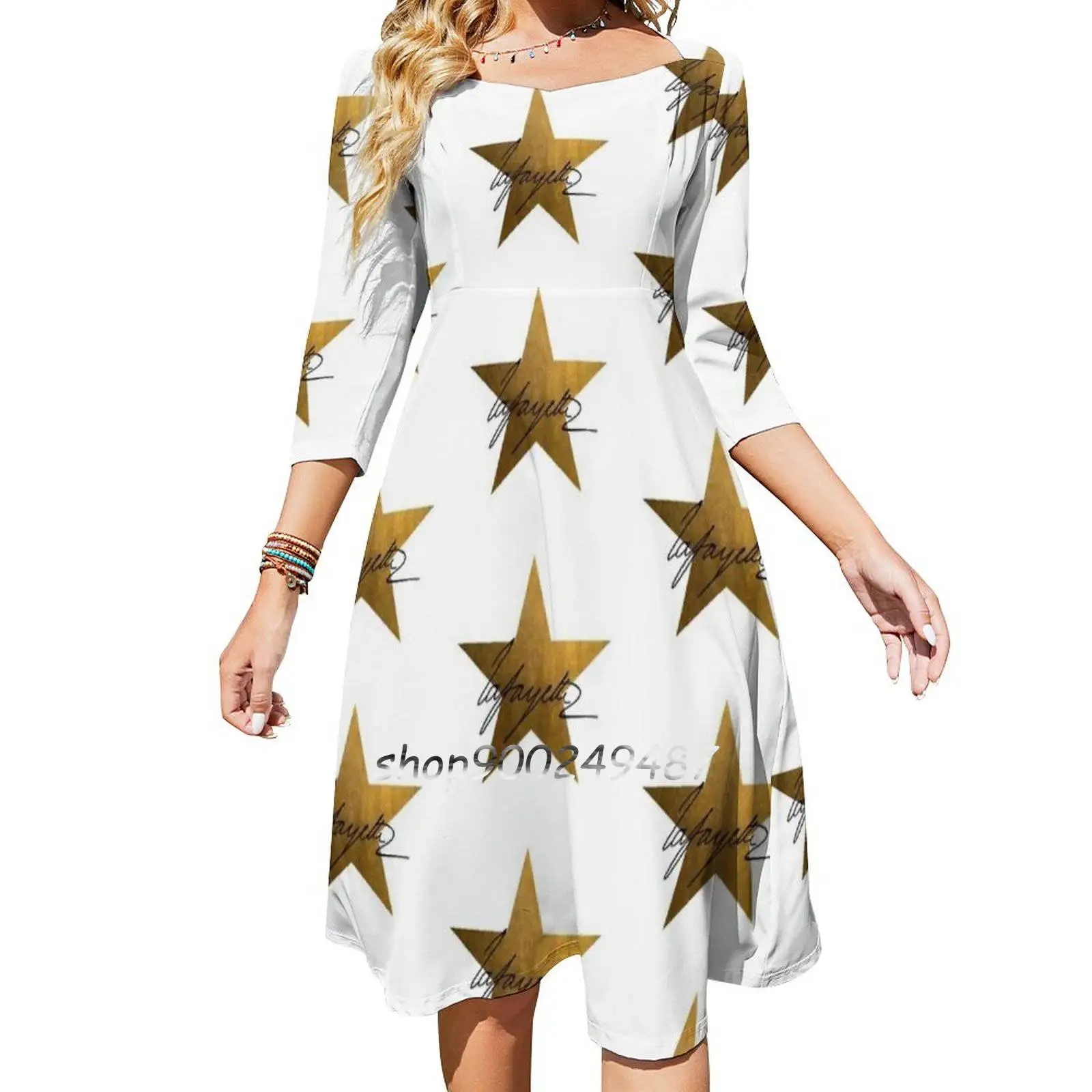 Lafayette Signature-Gold Star Square Neck Dress Cute Loose Print Dresses Elegant Beach Party Dress American Revolution Bi