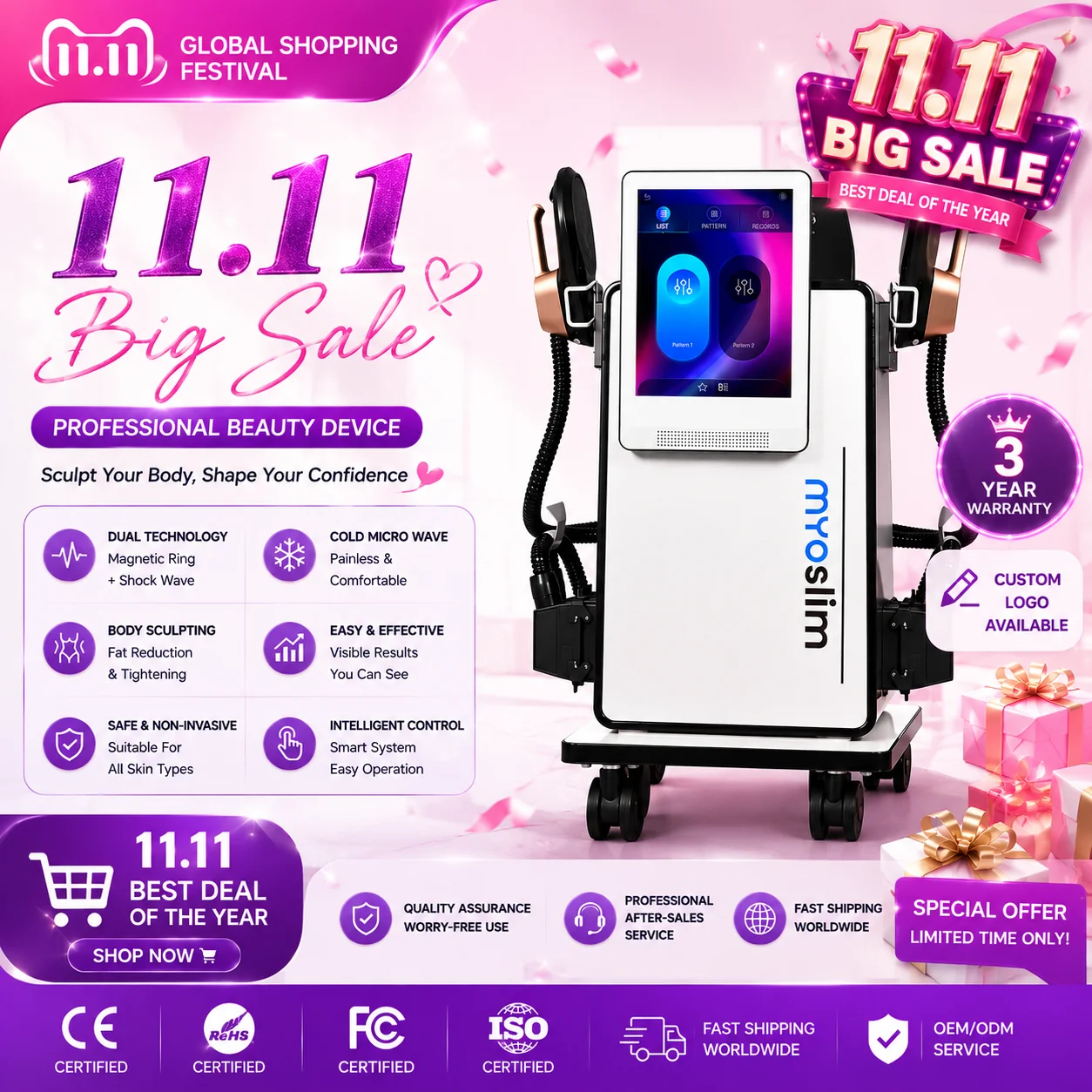 Myoslim Body Shapping Machine EMS Hiemt Muscle Stimulator EMS Body Sculpt Beauty Equipment with 4 Handle Pelvic Floor
