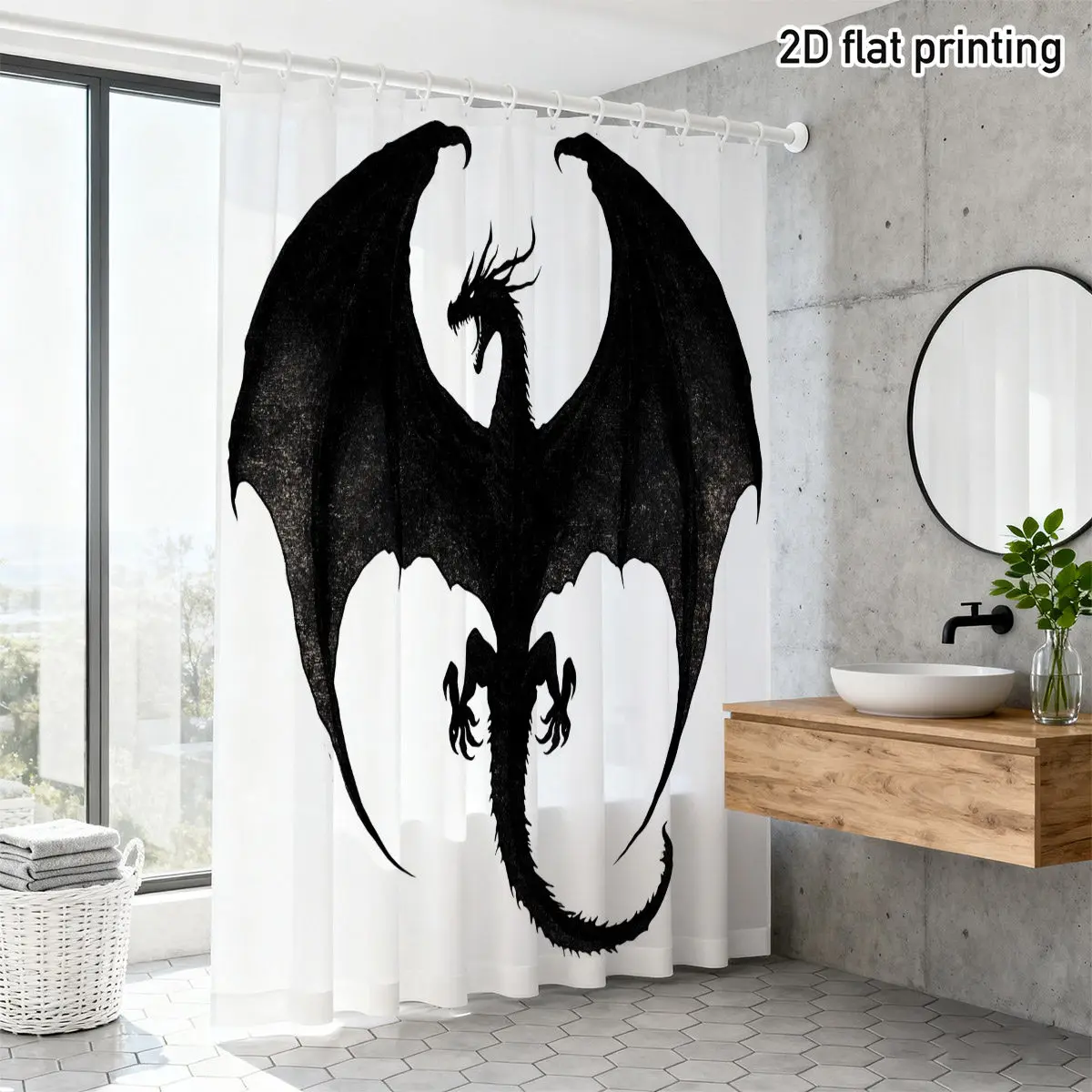 Gothic Dragon Shower Curtain Black Silhouette Spread Wings Waterproof Polyester Fantasy Bathroom Decor for Dragon Lovers