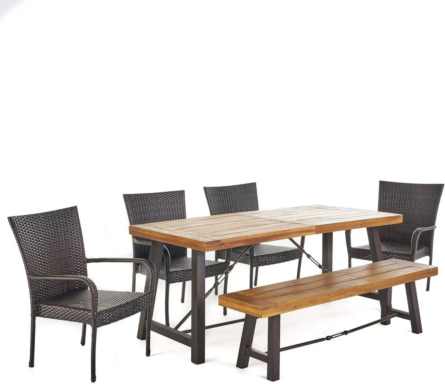 Salla Outdoor Acacia Wood Dining Set with Wicker Stacking Chairs 6-Pcs Set Teak Finish / Rustic Metal / Multibrown