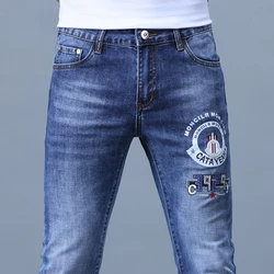 Jeans skinny, bordado, masculino, calça comprida, Luxo, Leve, Casual, Moda, Primavera e Verão, 2024