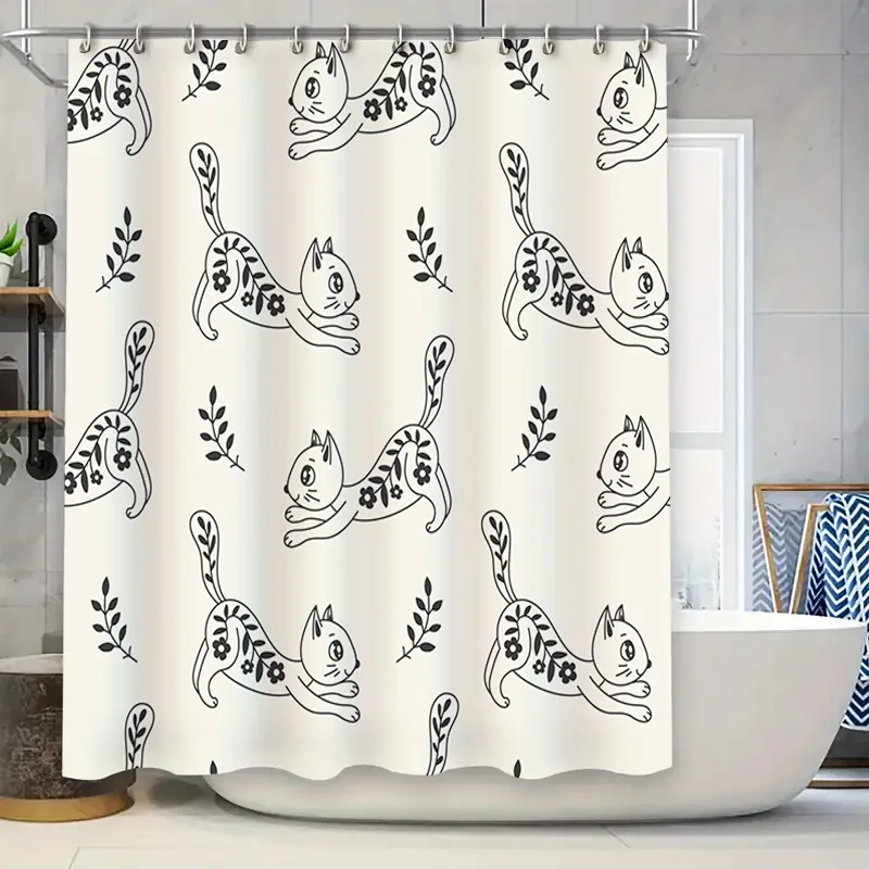 

Black White Cat Pattern Shower Curtain Bathroom Decor Modern Simple Design Waterproof Fabric for Bathrooms