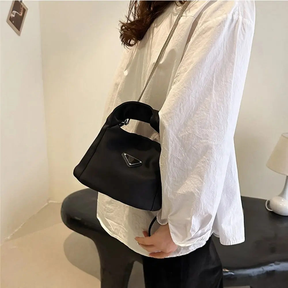 Korean Style Black Hand Bag Black Pleated Handle Nylon INS Shoulder Bag Triangle Brand Portable Fashion Crossbody Bags