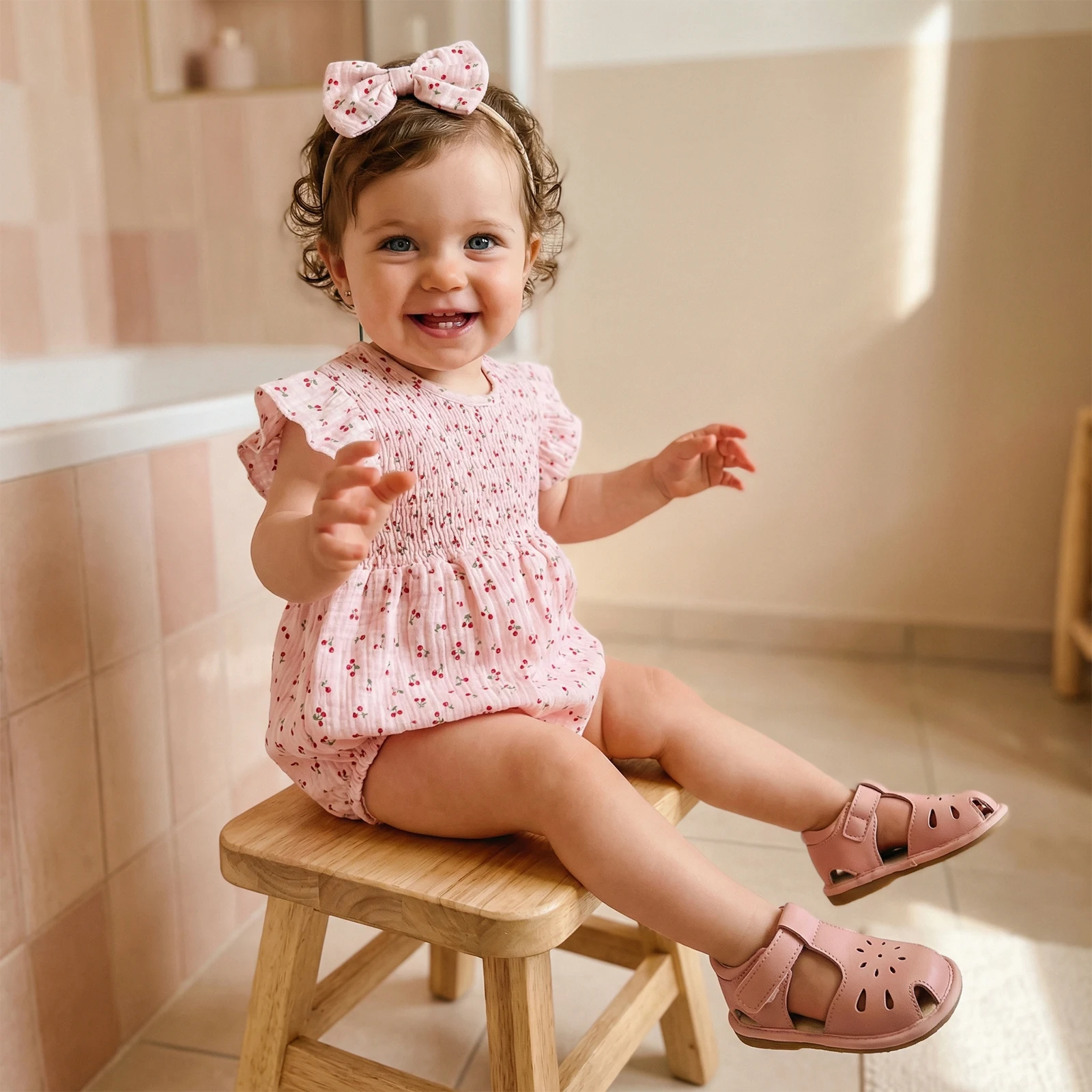Baby Girl Summer Bodysuits Outfits Floral Print Smocked Crew Neck Flying Sleeve Romper and Bow Headband 2 Pcs Set