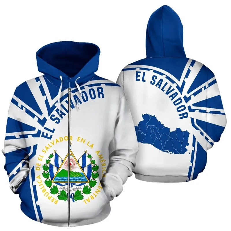 Salvador Flag Map Printed Zip Up Hoodies For Men Women National Emblem Sport Tracksuit Fashion Zipper Hoodie Top Clothes