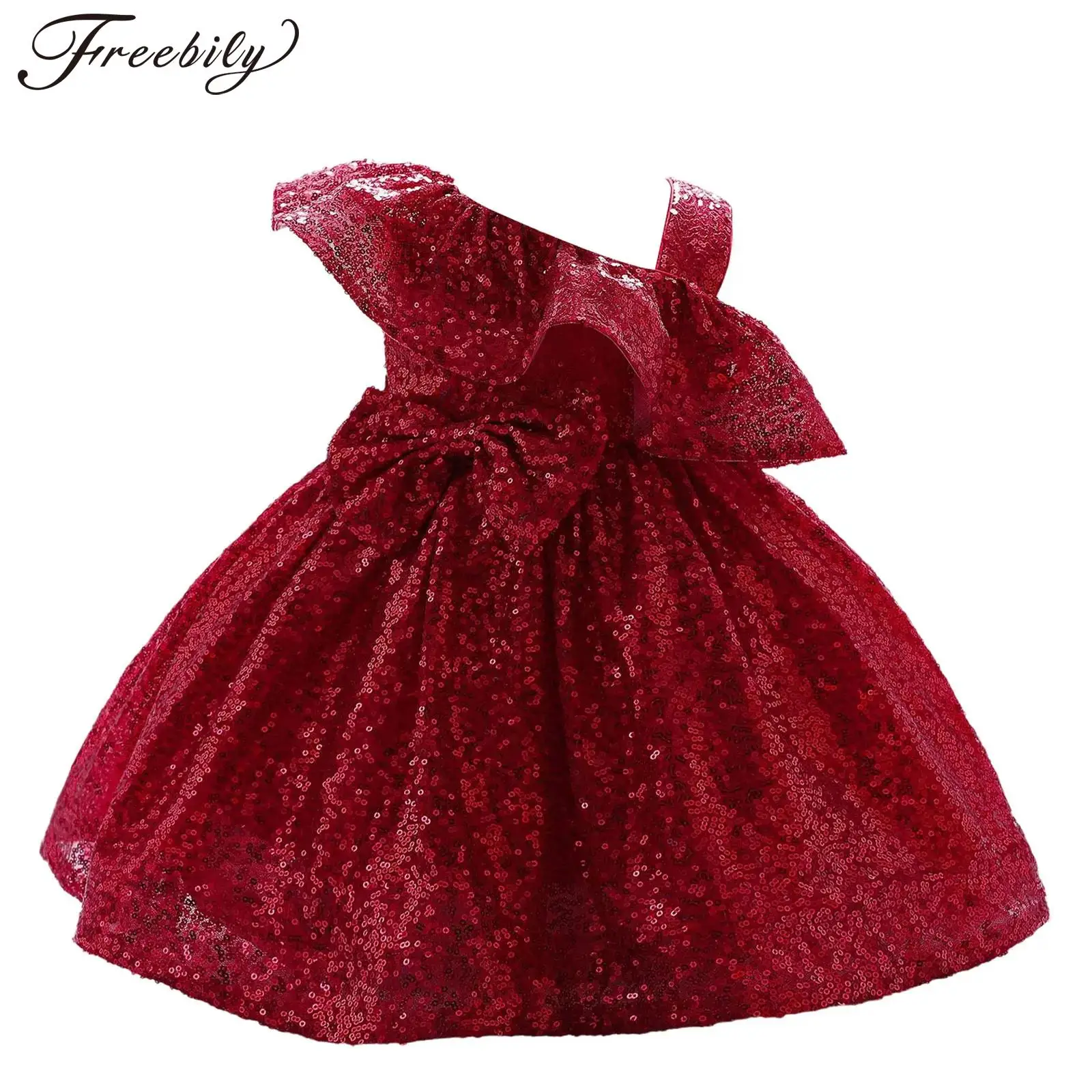 

Baby Flower Girls Wedding Party Dress One Shoulder Sparkly Sequin Bowknot Tulle Dresses Birthday Evening Pageant Bridesmaid Gown