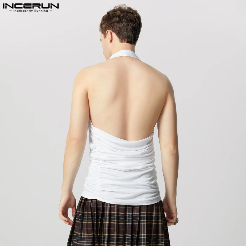 INCERUN Tops Männer Sommer Einfarbig Einfache Tank Tops Casual Ärmelloses Strick Tops Hübsche Lose Rüschen Elegante Streetwear