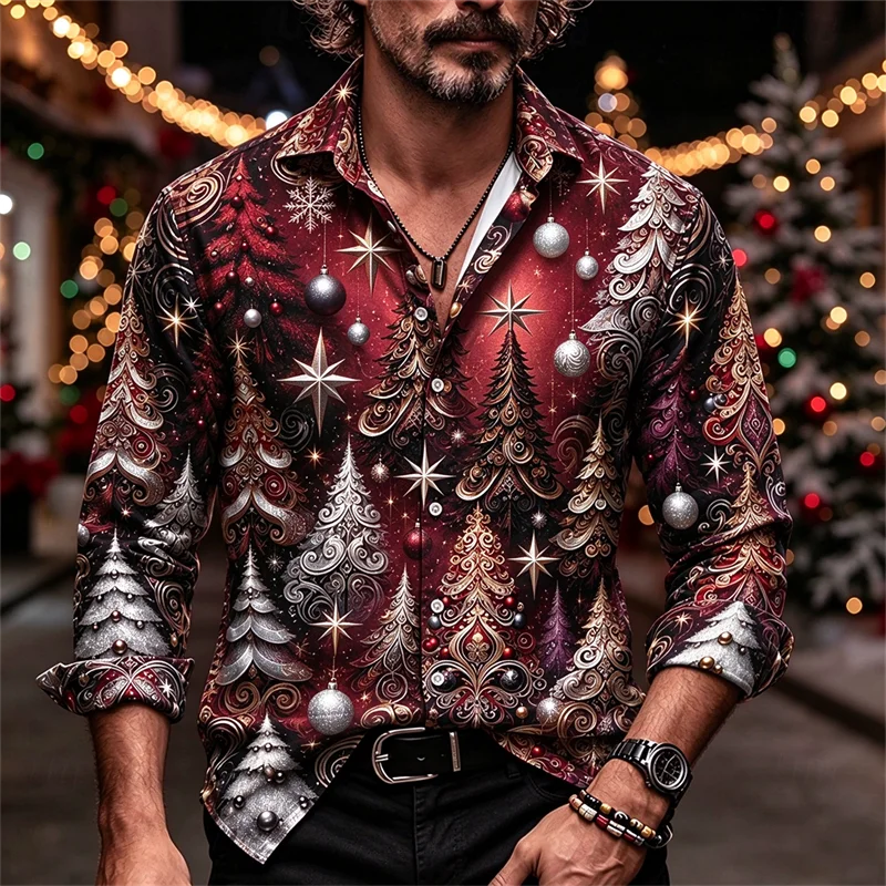Men's Christmas Long Sleeved Button Up Shirt, Gold Christmas Tree Print Lapel Shirt, Holiday Party Casual Comfortable Shirt