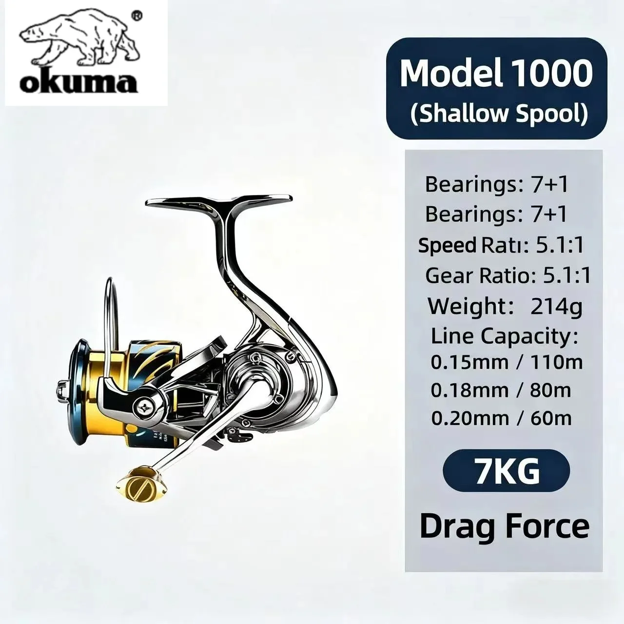 Okuma Spinnrolle, Ganzmetall-Angelrolle, maximale Bremskraft 12 kg, für Salzwasser- und Süßwasser-Langwurfköder, kostenlose Angelbrille. – Detail 8