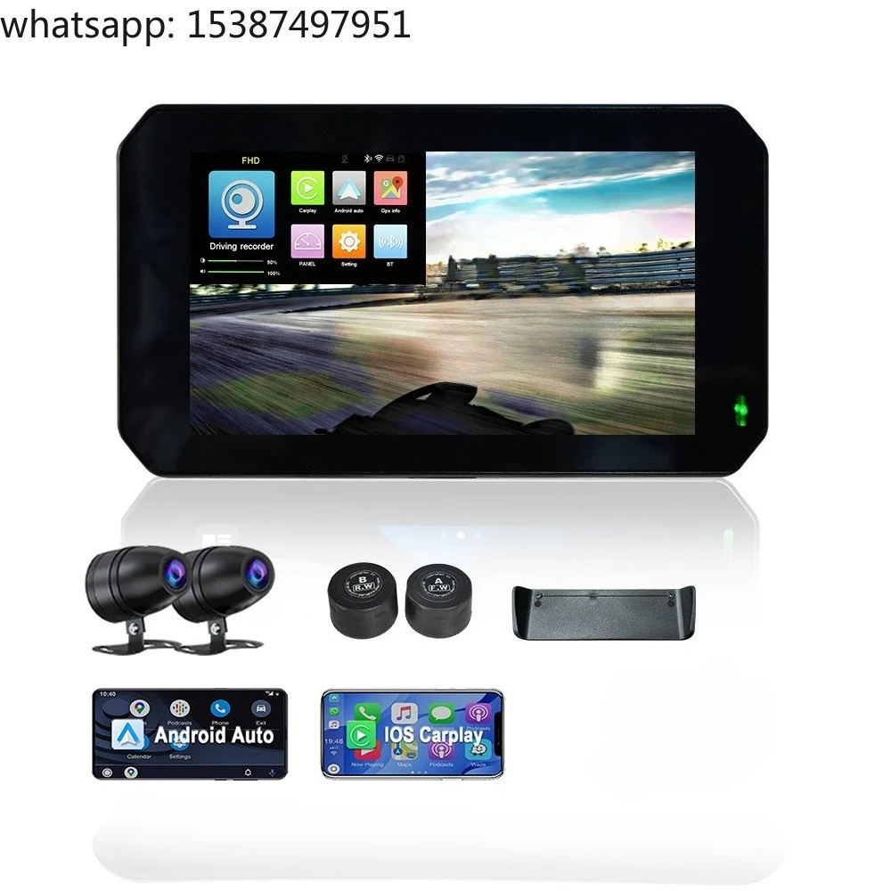 For 5 Inch Screen Carplay Android Auto Stereo Waterproof BT Screen Motorcycle Dash Cam TPMS  GPS Navigation