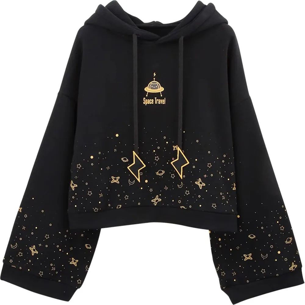 Winter Women Cartoon Embroidery Fleece Hoodies Sweatshirts Casual Flare Sleeve Hoodies Top Female Casual Warm Hooded Pullover