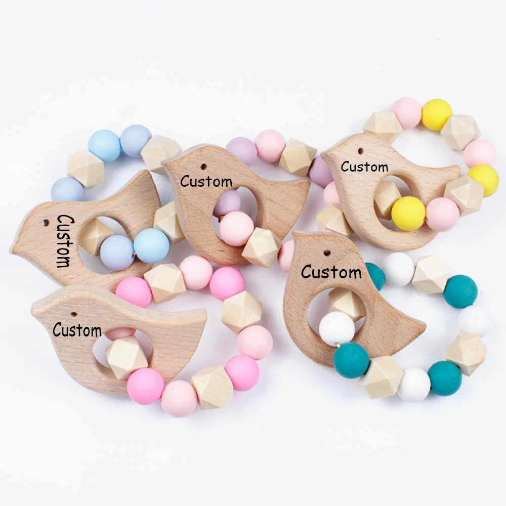 Customized Name Wooden Personalized Baby Teething Bracelet Silicone Beads Wooden Bird  Holder Guard Teether Bracelet Baby Gifts