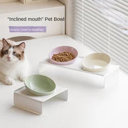 Ceramic Beveled Double Bowl Pet Cat Bowl Dog Drinking Bowl with Iron Frame Anti-Knock Neck Protection Pet Supplies Accessories