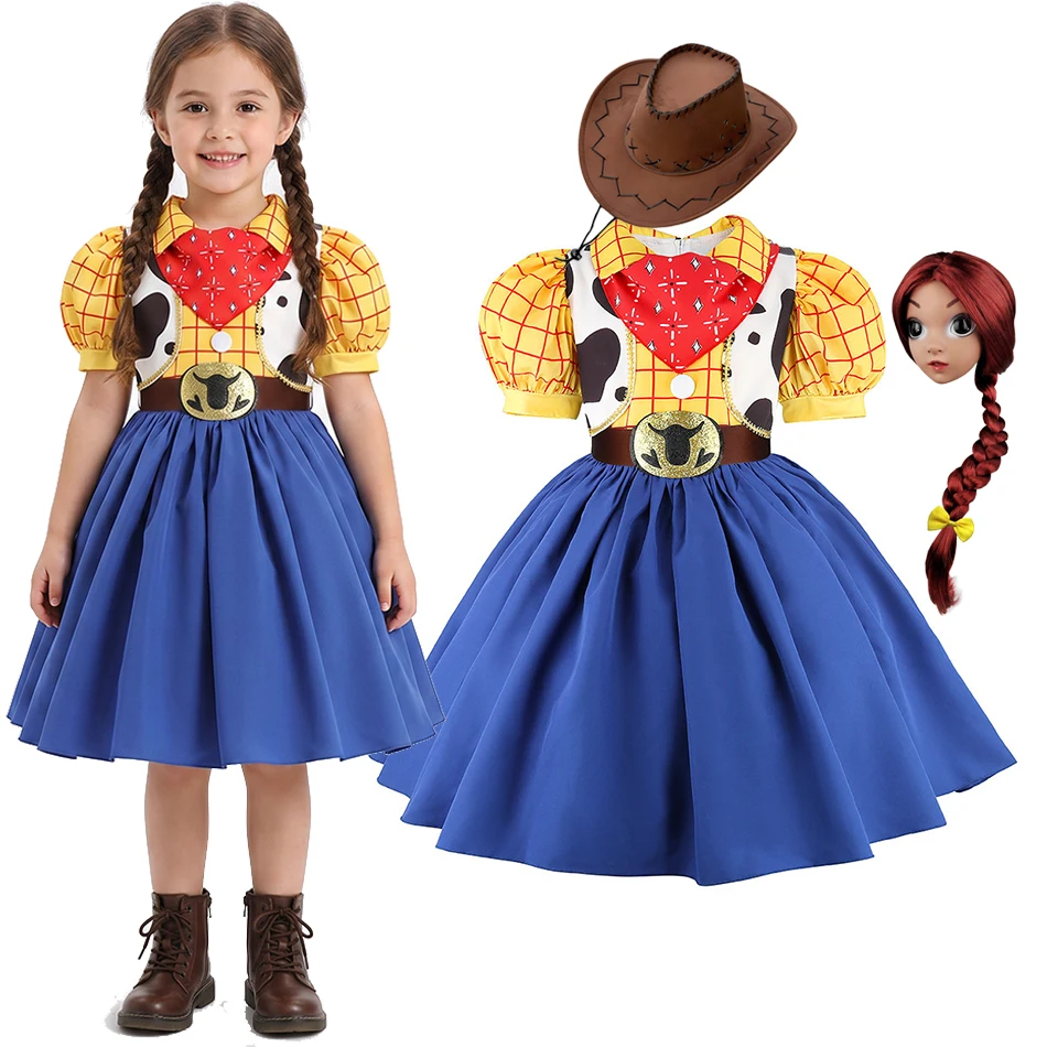 Jessie Cowgirl Complete Costume Set Girls Yellow Plaid Puff Sleeve Dress Children Western Cow Print Carnival Halloween Dress