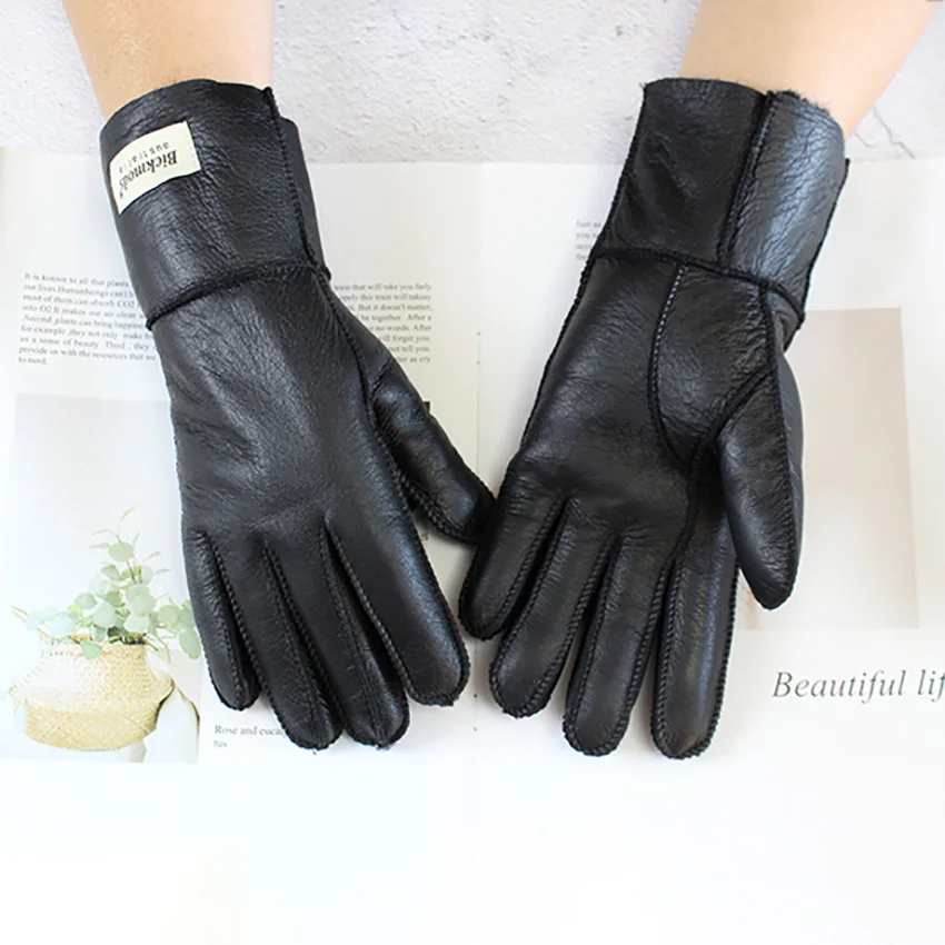 Sheepskin Fur Gloves Women Thickened Winter Warmth Outdoor Windproof Motorcycle Riding Color Leather Finger Gloves