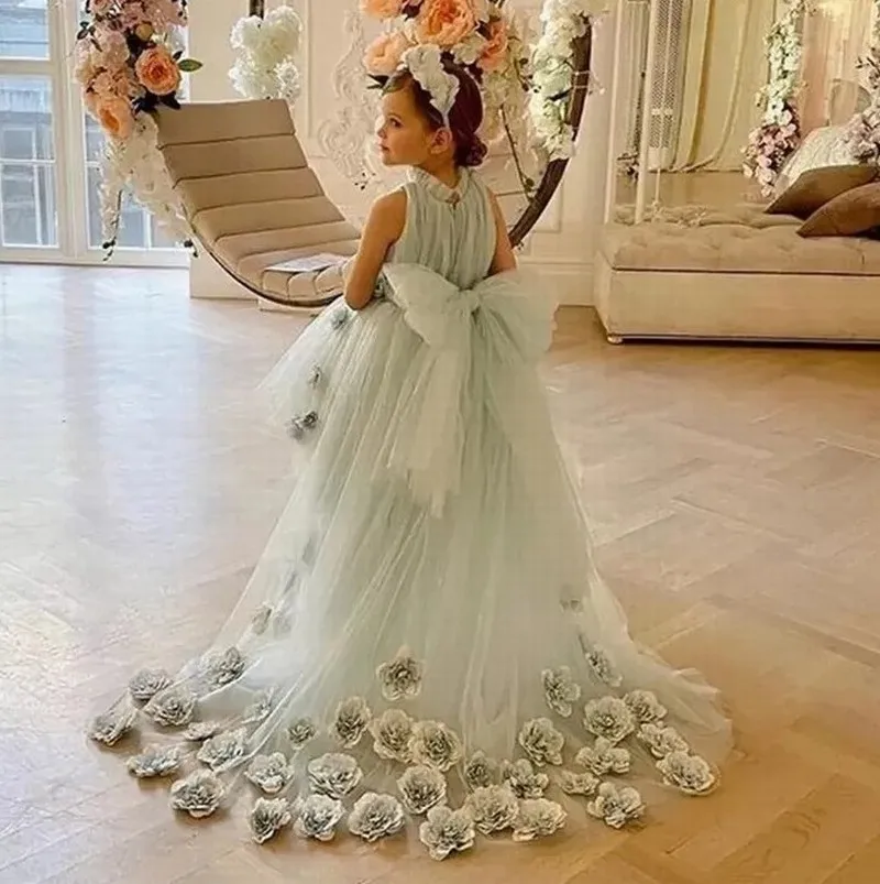 New Lovely Tulle Flower Girl Dresses for Weddings High Neck Sleeves Sweep Train 3D Floral Applique Communion Dress Girls Pageant